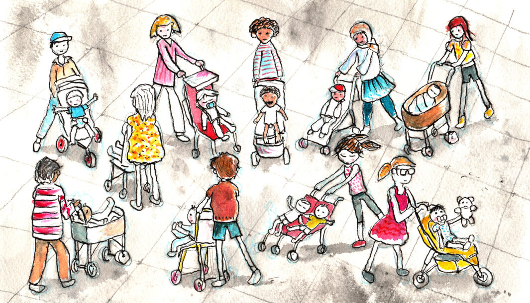 A Pram People illustration. A group of adults stand together, each pushing a child in a pram.