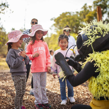 A Bees production photo. A Polyglot artist in an intricate black and yellow Bee costume engages with three children. Adults and other children look on. Photo: Royal Botanic Gardens Victoria.