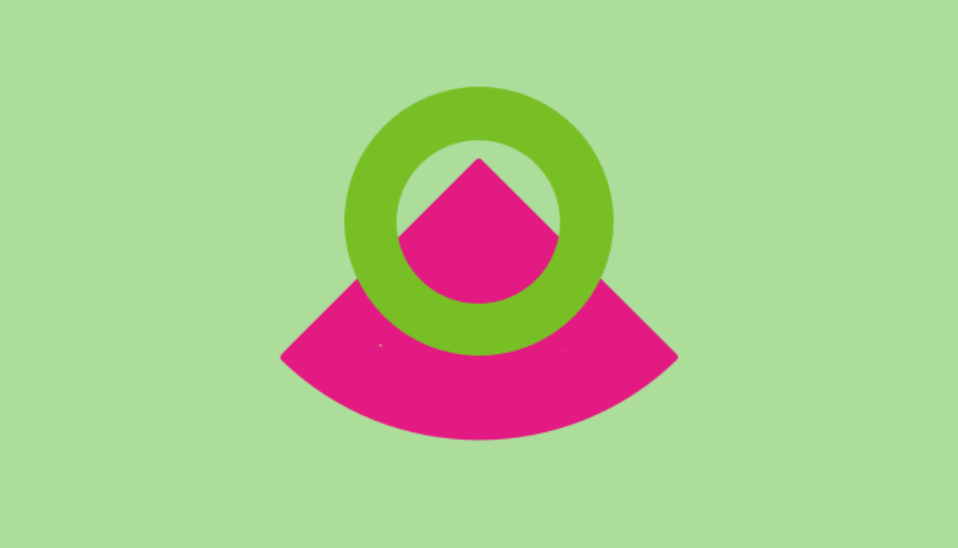 A light green rectangle, with a bright pink 'pie slice' shape and bright green 'O' shape overlaid in the centre.
