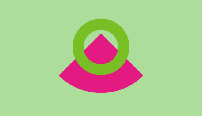 A light green rectangle, with a bright pink 'pie slice' shape and bright green 'O' shape overlaid in the centre.