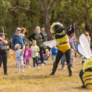Bees production photo. Royal Botanic Gardens Cranbourne. A Polyglot artist in a Bee costume demonstrates a dance movement which a child mirrors to the right of them. There's an another Bee crouched to the ground. There are families in the background.