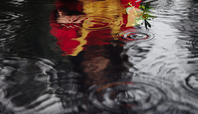 A FLOAT promo image. The reflection of a child in a red jumper and yellow overalls can be seen in a pool of rippling water. A small leaf boat floats on the surface. Photographer: Darren Gill