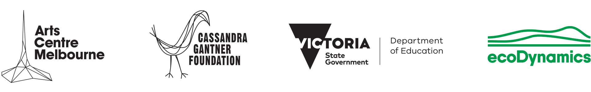 Logos: When the World Turns 2025 schools tour supporters. Arts Centre Melbourne, Cassandra Gantner Foundation, Victoria State Government Department of Education, ecoDynamics.