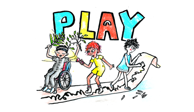An illustration by Nick Barlow. It features three children, one a wheelchair user, playing with paper, pastels, a torch/flashlight and natural materials. 'PLAY' is spelled out in large, colourful letters in the background.
