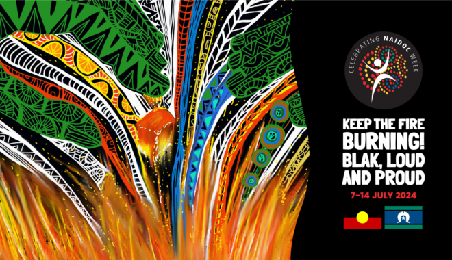 National NAIDOC Week web banner, featuring featuring the 2024 poster artwork, 'Urapun Muy' by artist Deb Belyea, and logo, courtesy of naidoc.org.au