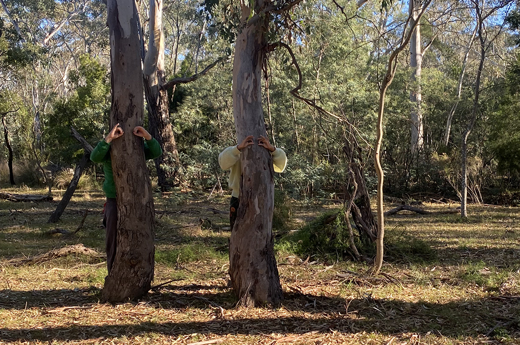 Behind-the-scenes, Forest creative development. Photo: Maisy Butchart. Two Polyglot artists stand behind trees, using their hands to give the trees eyes.