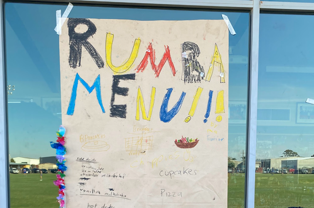 Polyglot & Rumbalara Kids Collaborations photo: Lexie Wood. 'Rumba Menu' on brown parchment paper, written in different markers by children.