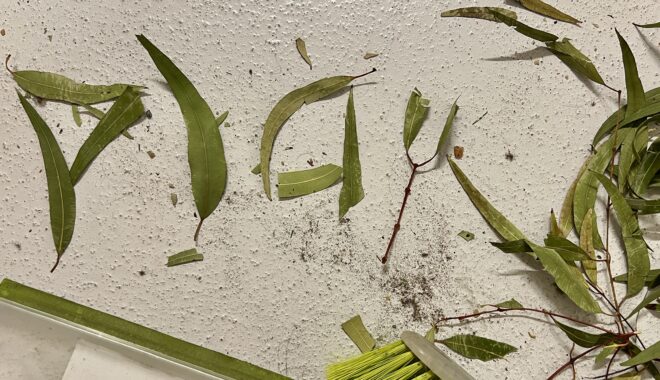 Photo: Lauren Swain. The word 'play' formed out of leaves on the floor, gathered with a broom.