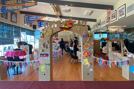 A Rumbalara Game Day workshop. The carboard archway entrance of the Rumba cafe. Photo: Lexie Wood.