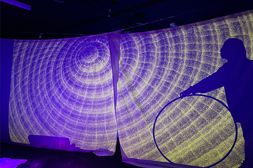 A silhouette of a Polyglot artist holding a hoop, against a large screen illuminated by a projection of a shell.