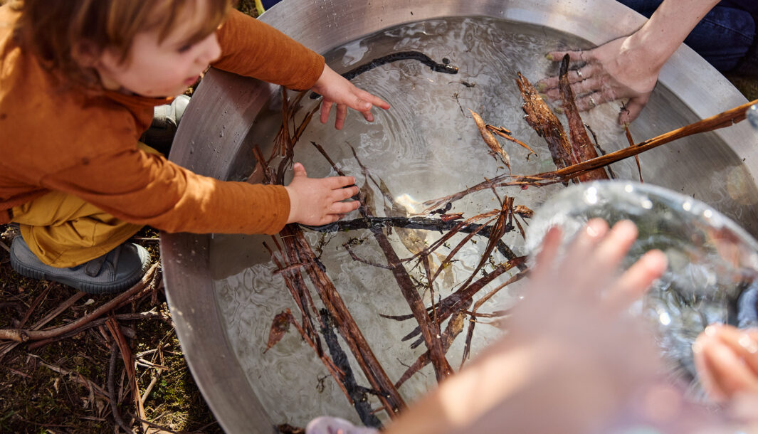 Forest production photo: Laura May Grogan. A young child in a brown t-shirt reaches into a large silver vat of water, filled with twigs, sticks and leaves.