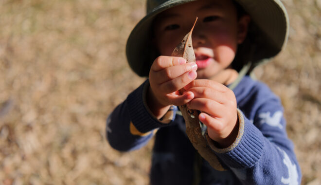 Forest production photo: Sarah Walker. A child in a green hat and blue jumper holds a leaf up to the camera.
