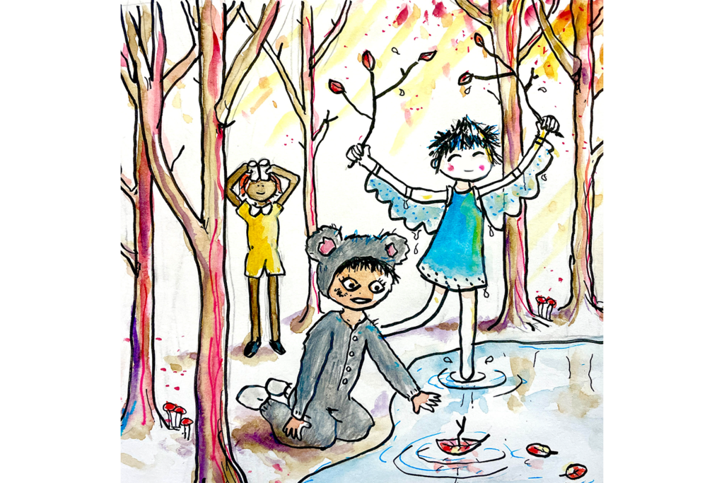 Nature Play Week 2026 illustration: Nick Barlow. Three children create and play in an autumnal red and yellow forest. One in grey sails leaf boats in a pool of water. One in yellow looks up into the trees with binoculars. One in blue, with wings, dances in the water. 