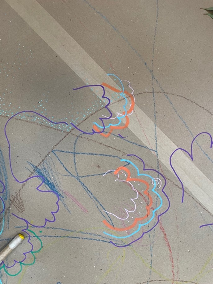 Art Tree photo: Meg Taranto. Drawings of a baby's footprints - evidence of them learning to walk - with different coloured pastels and paint pens, on brown cardboard.