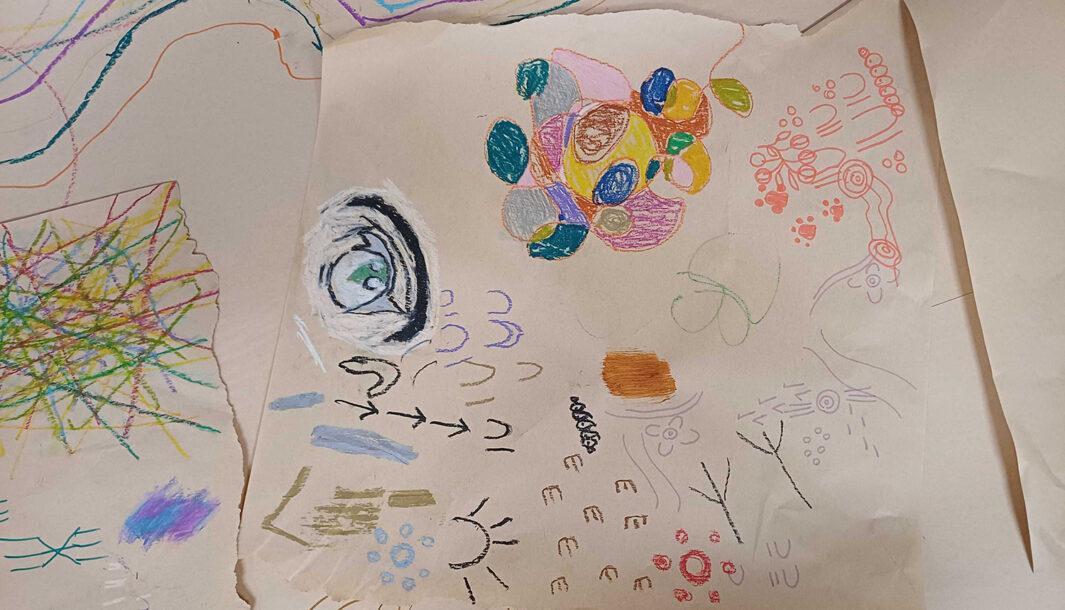 RAP Working Group & PIPS creative session photo: Cat Sewell. Children's drawings on brown paper