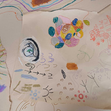RAP Working Group & PIPS creative session photo: Cat Sewell. Children's drawings on brown paper