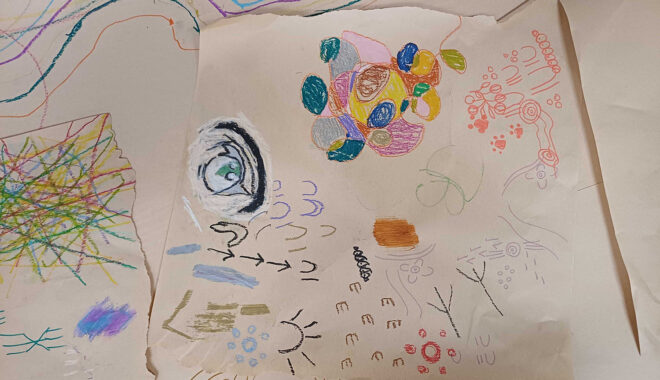 RAP Working Group & PIPS creative session photo: Cat Sewell. Children's drawings on brown paper